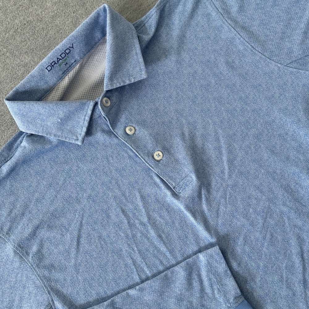 Draddy Sport Mens Blue Herringbone Long Sleeve Golf Polo Shirt Size Medium